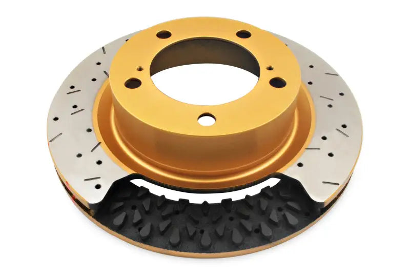 Gold and silver Brembo brake rotors with slotted design for powersports brake use