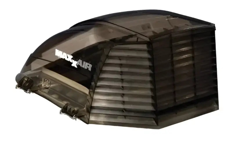 Maxxair Vent Maxx II Vent Cover Smoke with advanced aerodynamic design and easy-to-open hinged brackets.