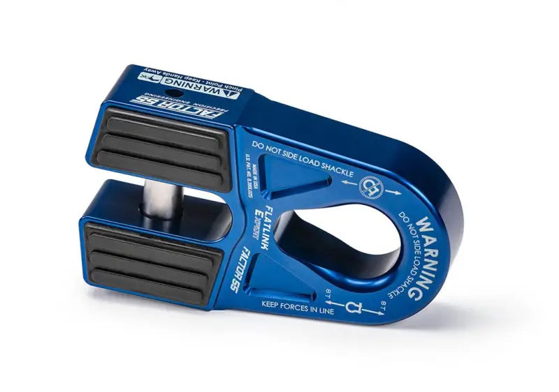 Factor 55 Flatlink 'E' Expert Winch Shackle M in blue, designed for superior performance and safety with a flatlink for secure attachment, reducing strap damage
