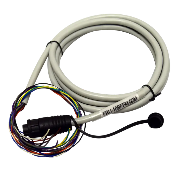 Coiled gray Furuno NMEA 0183 cable assembly GP33 with multi-colored wires and black connector