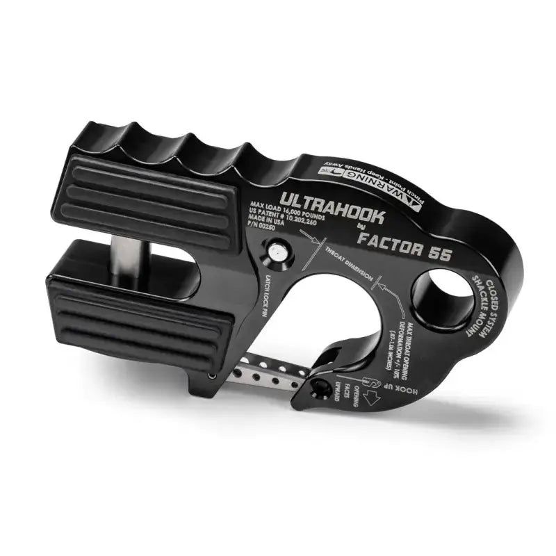 Factor 55 Ultra Hook Black, heavy-duty vehicular recovery hook with precision engineering and closed system shackle mount.