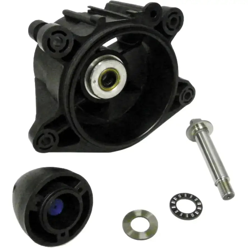 Black plastic jet pump assembly with internal parts and loose metal components