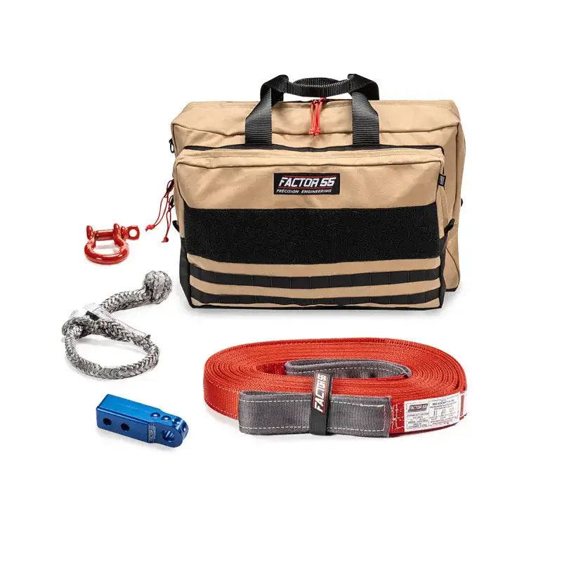 Tan recovery gear bag with off-road accessories for Owhe Veh Rec Kit Blu Hitch L