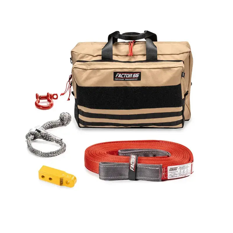 Tan and black vehicle recovery rec kit with off-road tools for owhe veh rec
