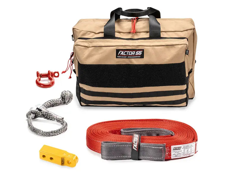 Tan and black vehicle recovery rec kit with off-road tools for owhe veh rec
