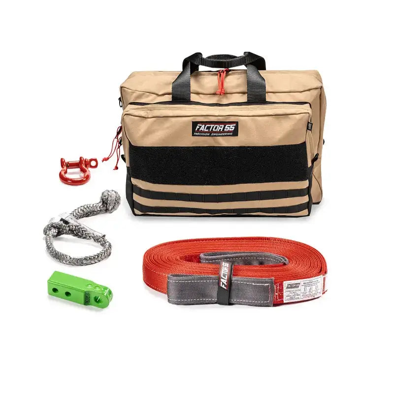 Tan OWHE veh rec kit bag with off-road recovery gear for the Factor 55 Rec Kit Grn