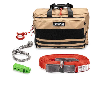 Tan OWHE veh rec kit bag with off-road recovery gear for the Factor 55 Rec Kit Grn