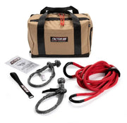 Factor 55 St Anthony recovery gear set including durable ropes, shackles, strap, instructions, and a tan carrying bag for off-road vehicle recoveries.