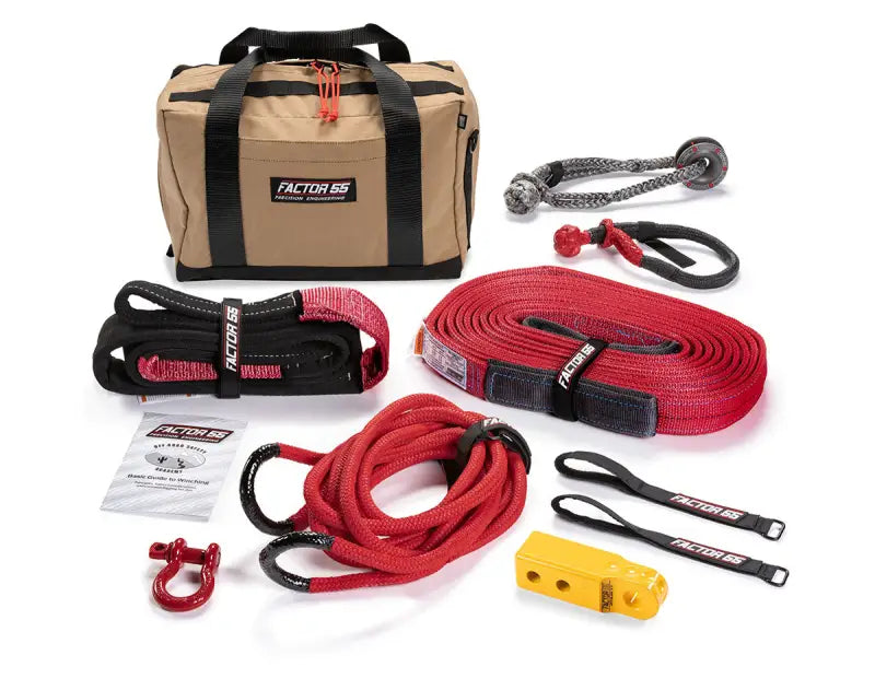 Vehicle recovery tow kit with ropes, straps, shackles for winch tow and recovery tasks