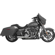 005-4870199 Comp S 2in1 Exhaust Touring M8 Brushed W/Turnout installed on a Harley Davidson motorcycle, featuring race-inspired stainless steel headers and heat shields for maximum torque.