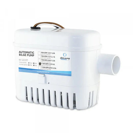 Albin Automatic Bilge Pump 1100 Gph 12V product image showing durable white pump with label on side.