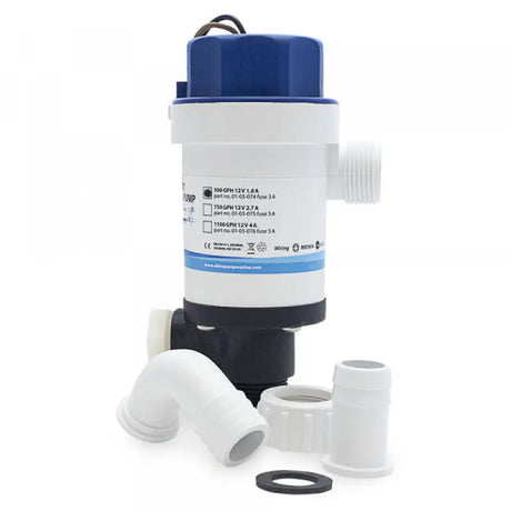 Blue and white Albin Cartridge Twnprt Aeratr bilge pump with accessories for 750 GPH flow