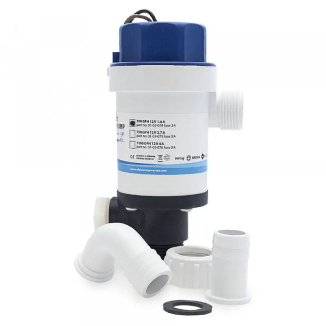 Blue and white Albin Cartridge Twnprt Aeratr bilge pump with accessories for 750 GPH flow