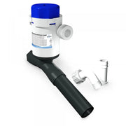 Blue and white condensate removal pump with black and white fittings, angled tube 12V shown