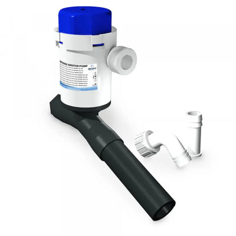 Blue and white condensate removal pump with black and white fittings, angled tube 12V shown