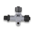 Gray T-shaped plastic pipe fitting with black connectors for Garmin NMEA 2000 use