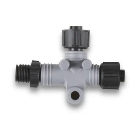 Gray T-shaped plastic pipe fitting with black connectors for Garmin NMEA 2000 use