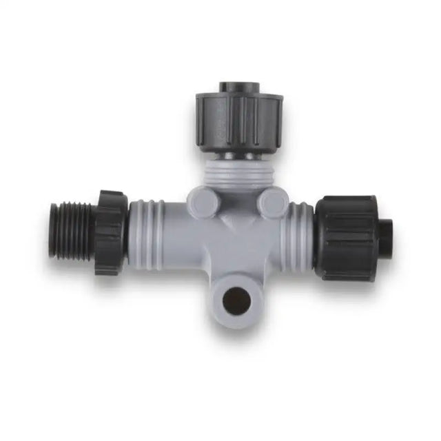 Gray T-shaped plastic pipe fitting with black connectors for Garmin NMEA 2000 use