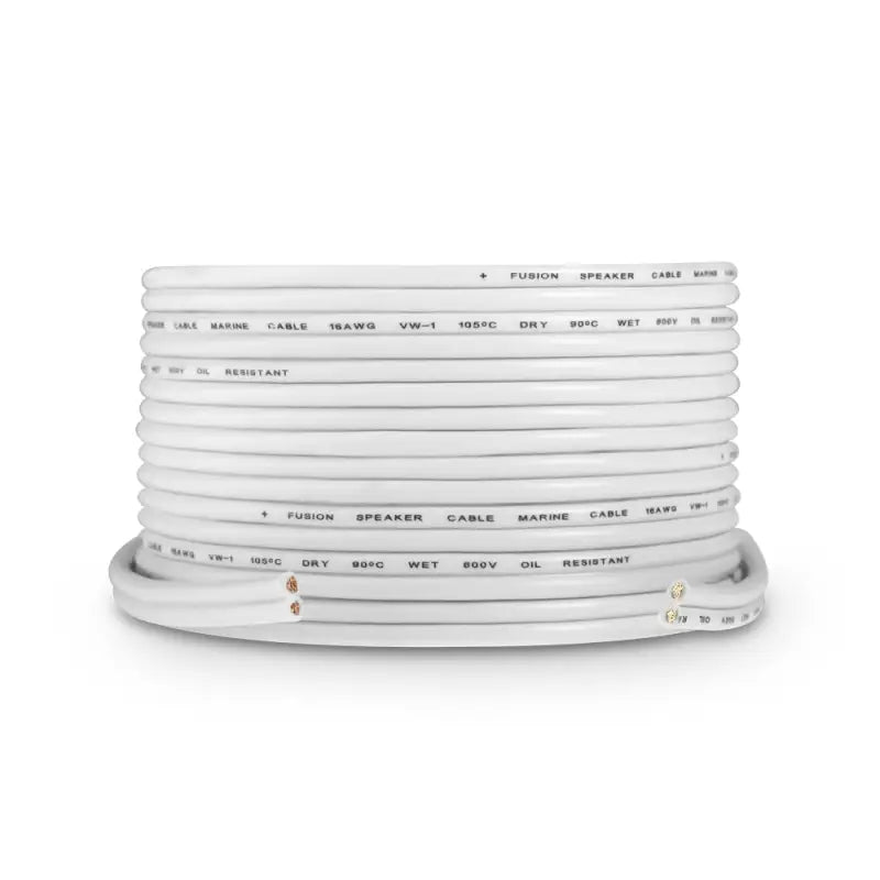 Coiled white speaker cable from Fusion Elec Marine Speaker Cable 16 AWG 50 Ft