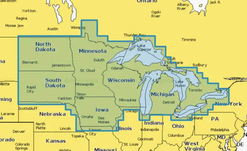 Navionics U.S. North 010-C1368-30 marine navigation chart covering northern United States, including North Dakota, South Dakota, Minnesota, Wisconsin, Michigan, and parts of surrounding states.