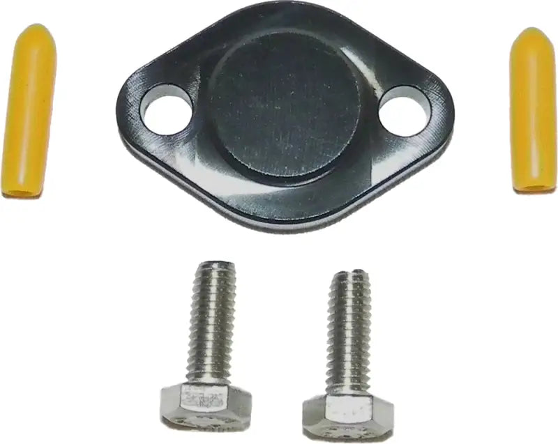 Metal block-off plate with bolts and yellow caps for 011-205 Oil Injection Block Off Plate