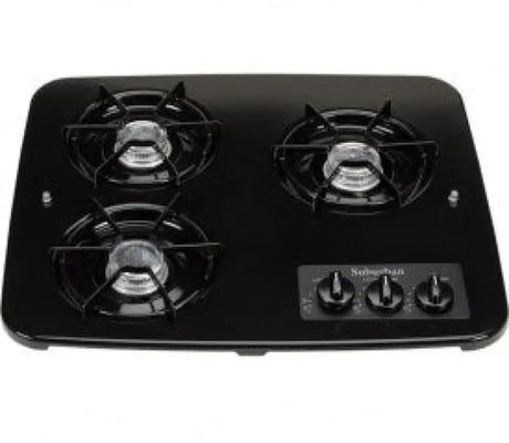 Black three-burner gas cooktop on 011091 Suburban Mfg Burner Oven for perfect cooking