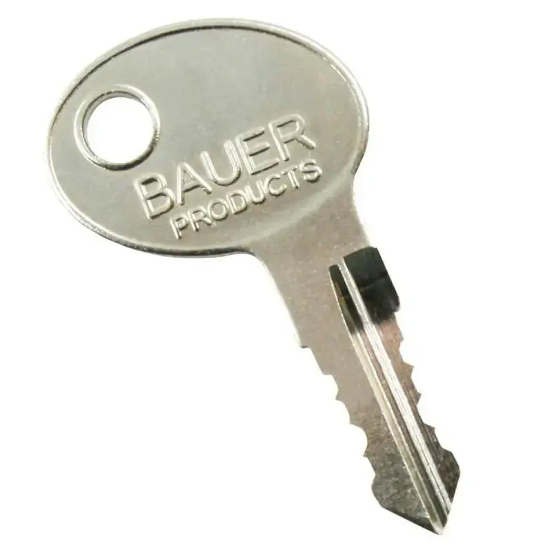 Replacement key for Bauer RV Series locks with "Bauer Products" engraved.