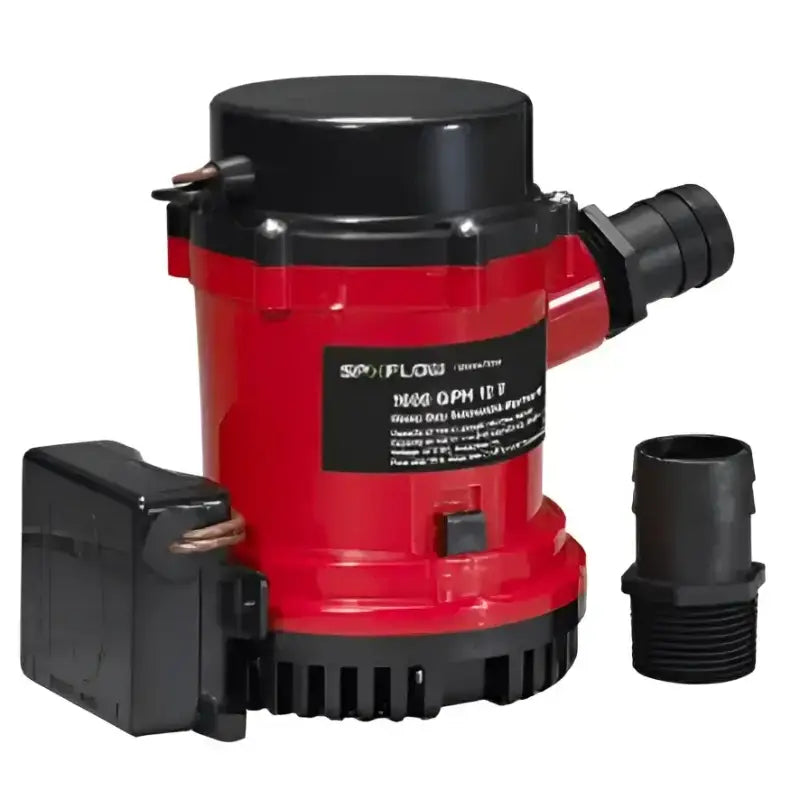 Johnson Pump HD Bilge Pump 1600 GPH with Ultimate Switch 12V, featuring a black and red design, shown with an attached switch and additional connector accessory.