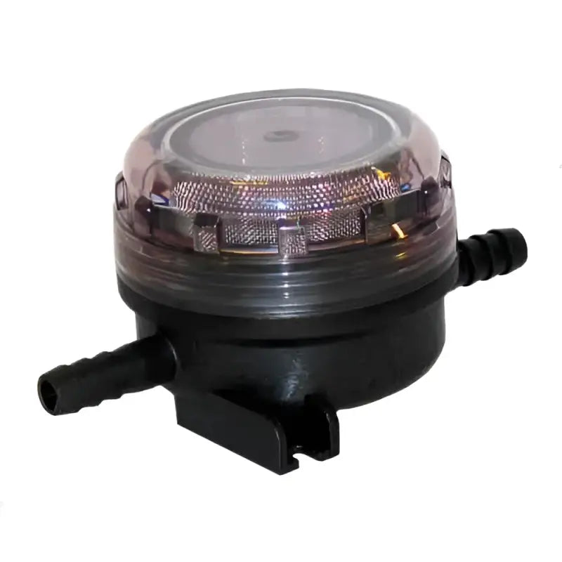 Clear-topped black fuel filter with hose barbs for 01740003A Xylem Strainer 1/2 inch hose barb
