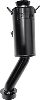 Black metal wood stove with angled exhaust pipe and Powder Lite Muffler for efficient heat