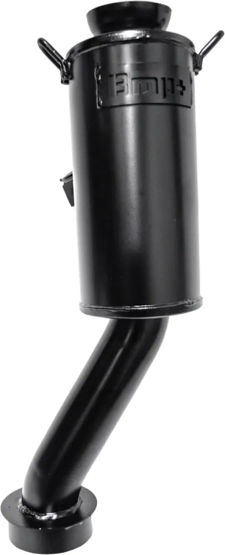 Black metal wood stove with angled exhaust pipe and Powder Lite Muffler for efficient heat