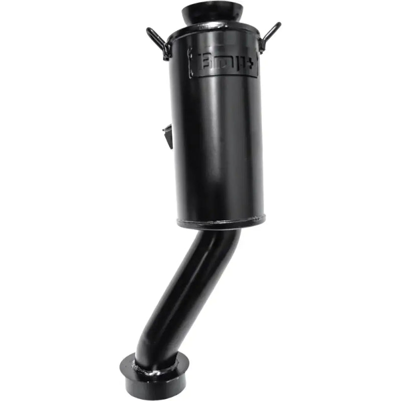 Black metal wood stove with angled exhaust pipe and Powder Lite Muffler for efficient heat