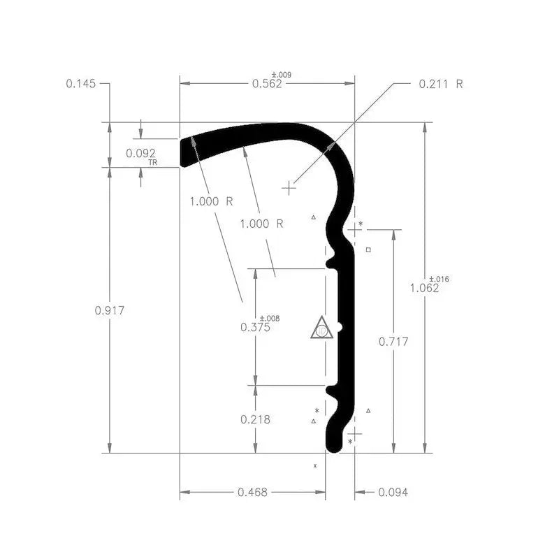 Technical drawing of rubber seal profile for AP Products Trim Molding Roof Rim Type