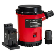 Red and black Johnson Pump HD bilge pump with float switch and hose adapter