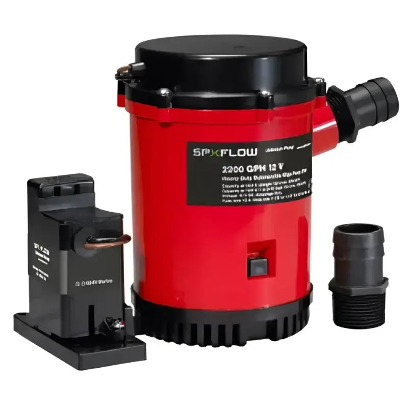 Red and black Johnson Pump HD Bilge Pump with float switch and hose adapter