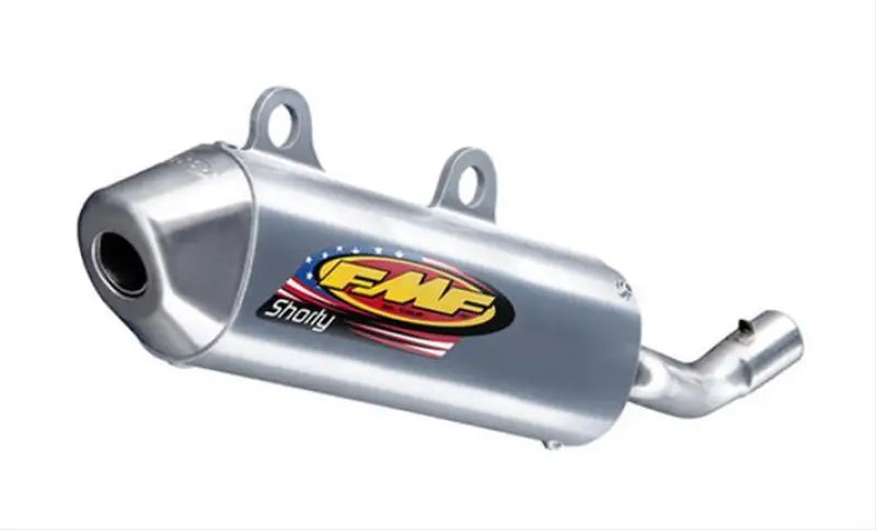 Silver motorcycle muffler from 025155 FMF Powercore II Shorty Silencer for bike exhaust upgrade