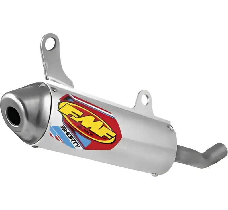 Shiny metal motorcycle exhaust pipe with FMF PowerCore Ii Shorty Silencer for performance