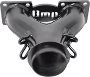 Black powder-coated performance y pipe with flanges and hooks for snowmobile’s performance