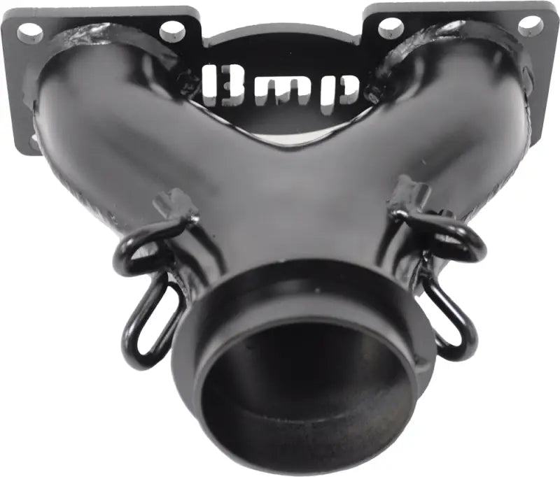Black powder-coated performance y pipe with flanges and hooks for snowmobile’s performance