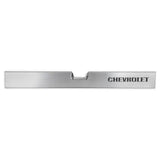 Chrome Chevrolet tailgate trim on Holley tailgate panel for Chevy truck