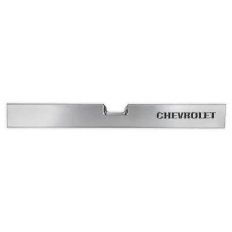 Chrome Chevrolet tailgate trim on Holley tailgate panel for Chevy truck