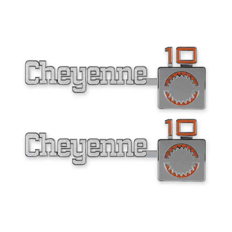 Two chrome Cheyenne 10 fender emblems for Holley fender emblem upgrade
