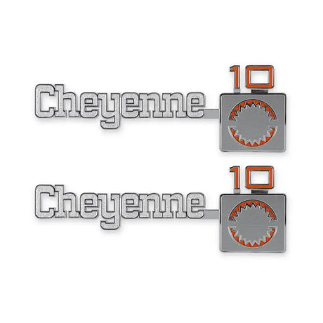 Two chrome Cheyenne 10 fender emblems for Holley fender emblem upgrade