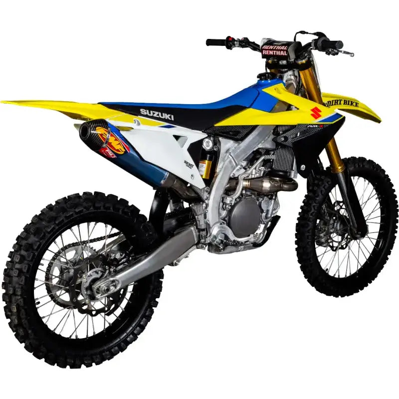 Yellow, blue, and white Suzuki dirt bike with FMF exhaust, perfect for power output and RV parts & accessories