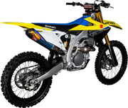 Yellow, blue, and white Suzuki dirt bike with FMF exhaust, perfect for power output and RV parts & accessories