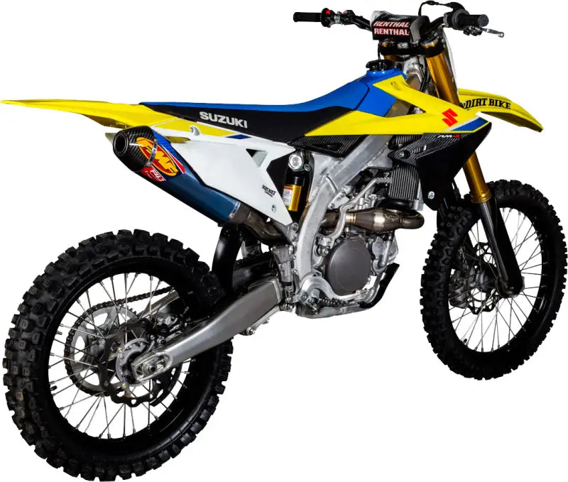 Yellow, blue, and white Suzuki dirt bike with FMF exhaust, perfect for power output and RV parts & accessories
