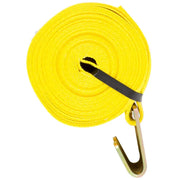Coiled yellow Hampton Prod Winch Strap with metal hook for secure lifting or tie-downs