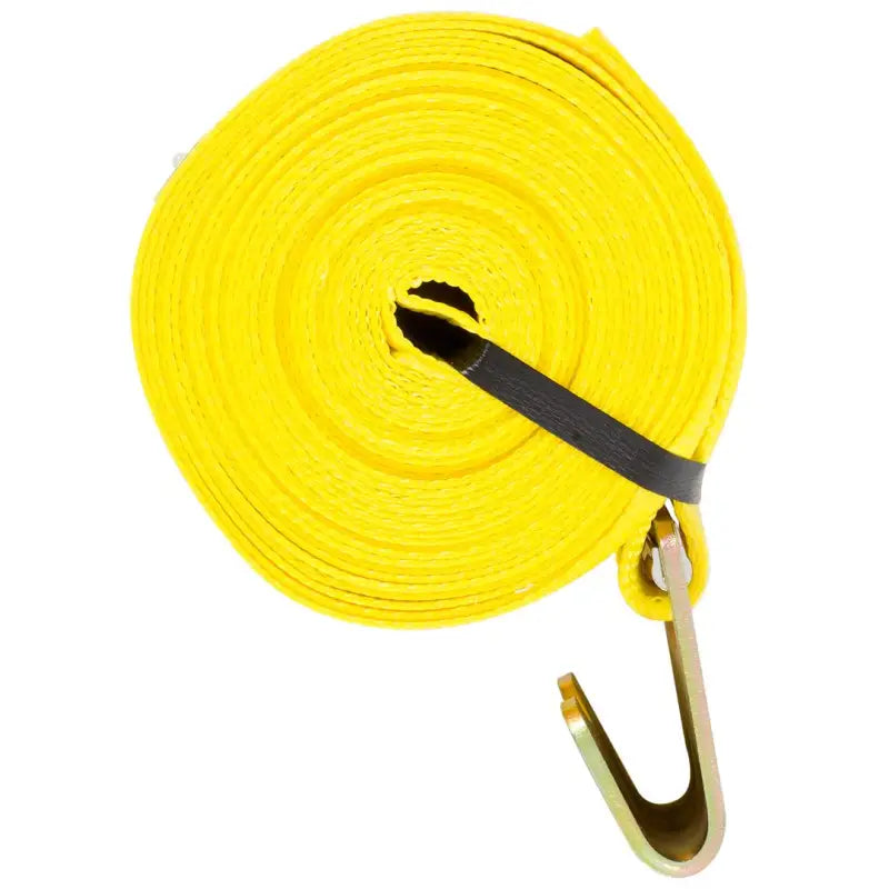Coiled yellow Hampton Prod Winch Strap with metal hook for secure lifting or tie-downs