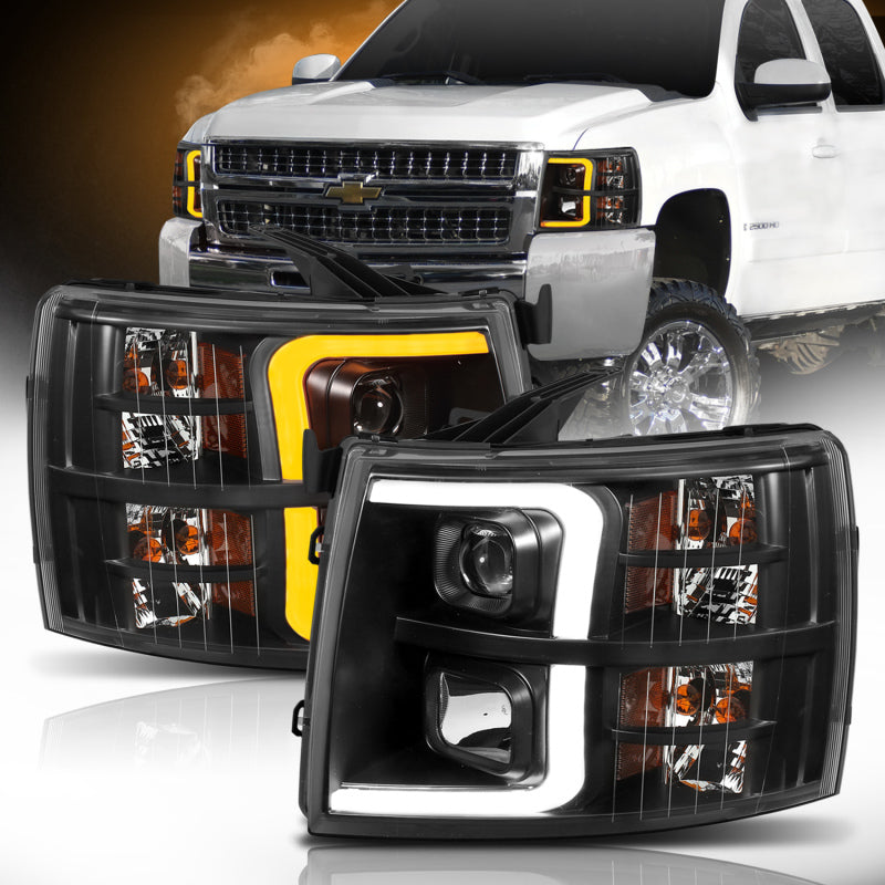 ANZO 111410 ANZO 07-13 Chevrolet Silverado 1500 Plank Style Projector Headlights Black w/ Amber
