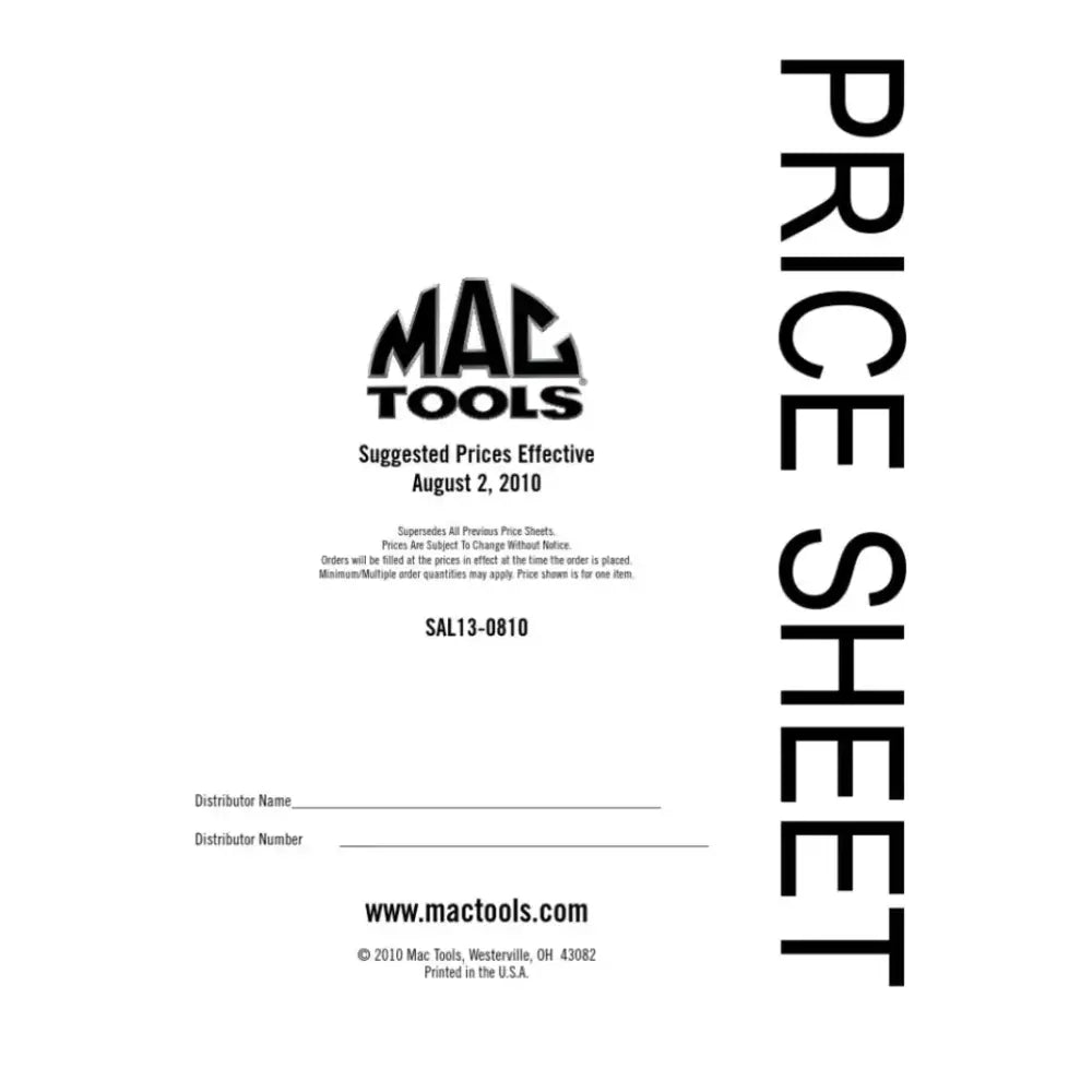 Mac Tools price sheet for key auto rubber dust plug and rubber dust accessories